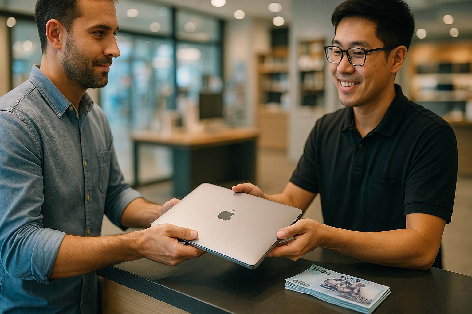 台北筆電回收現場,顧客將 MacBook 交給青蘋果3C 人員並領取新台幣現金