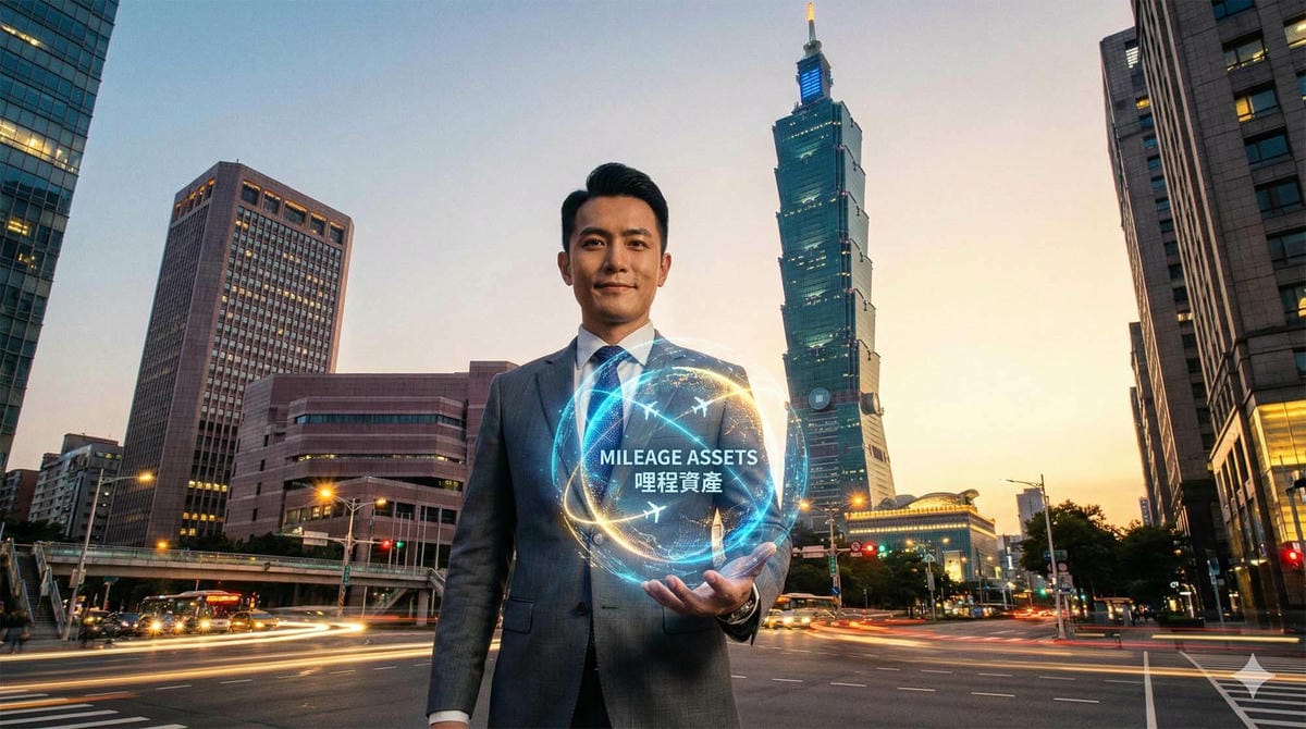 站在台北101前的商務人士手持發光的數位球體，象徵哩程資產，背景為金融區 / Businessman standing in front of Taipei 101 holding a glowing digital orb representing mileage assets, financial district background.