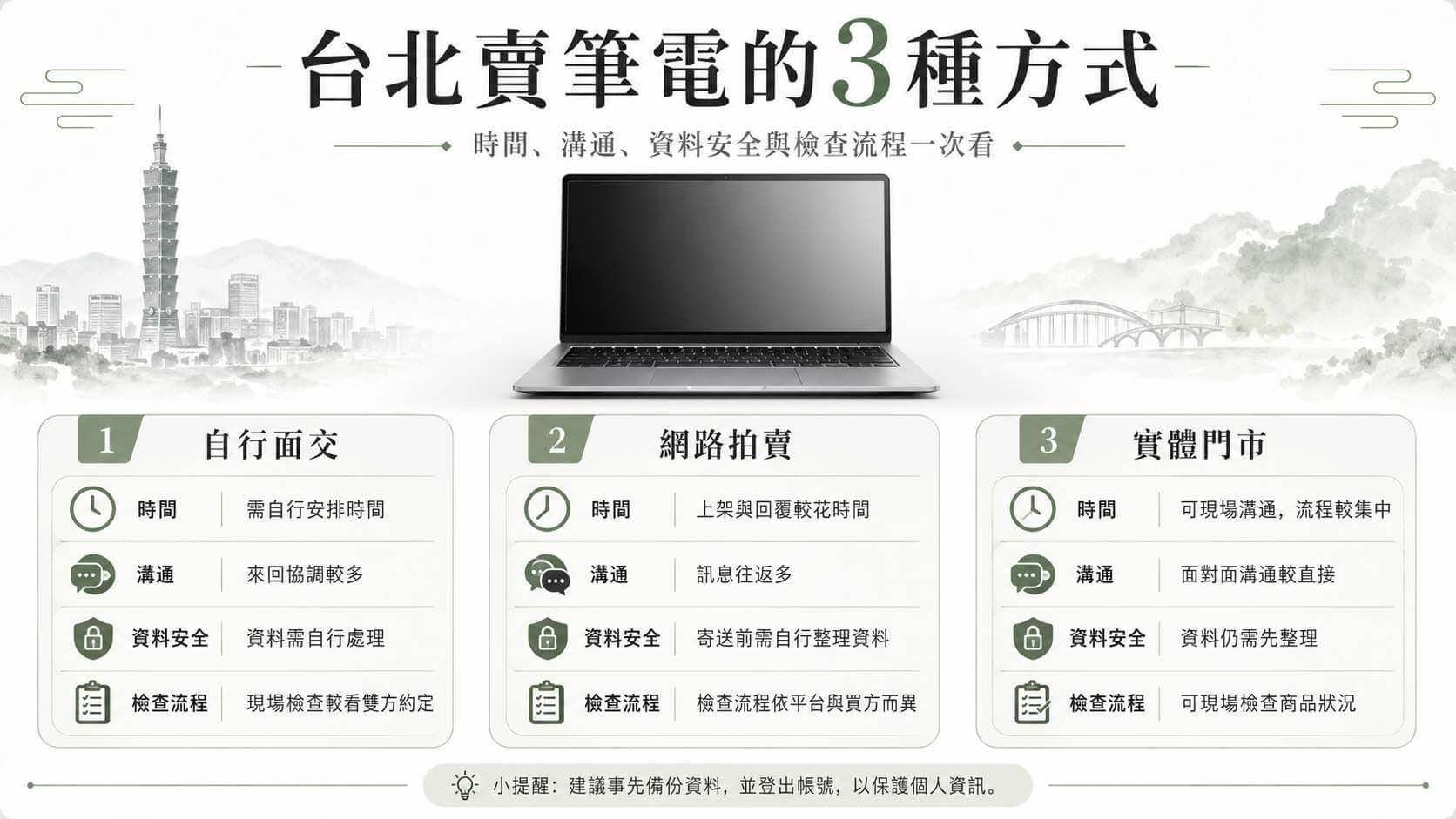 一台二手筆電旁分成自行面交、網路拍賣及實體門市檢查三種出售方式